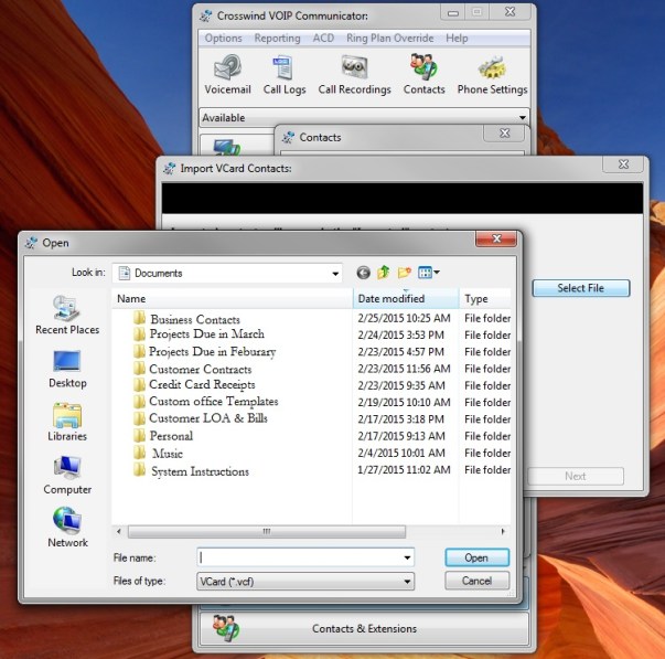 Communicator Contacts import VCard Contacts Select File