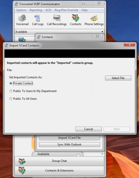 Communicator Contacts import VCard Contacts