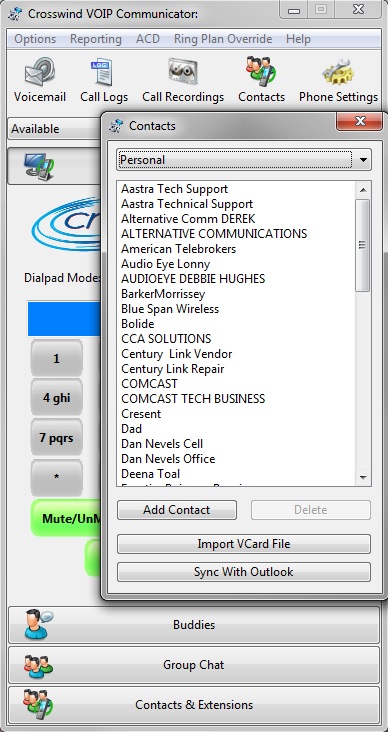 Communicator Contacts page window