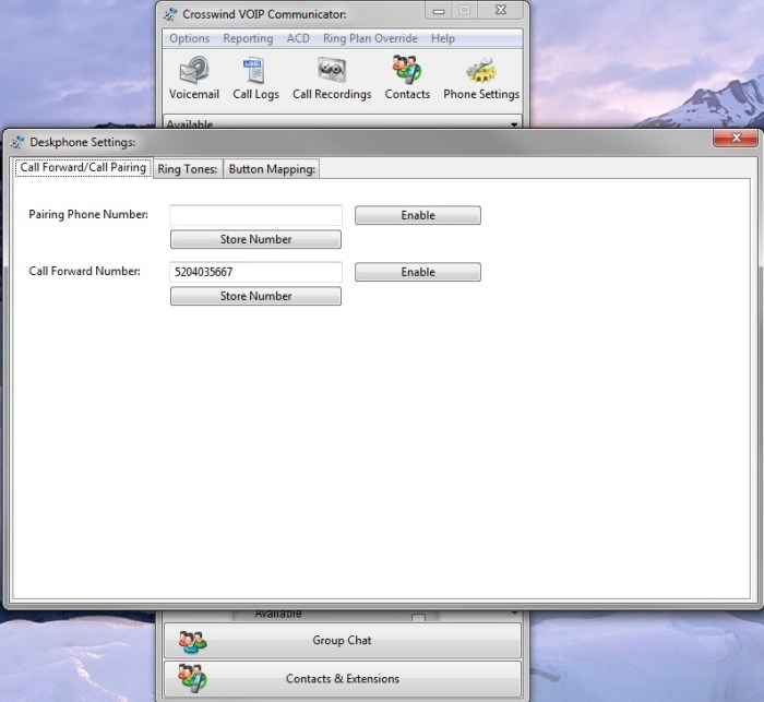 Communicator Phone Settings Window Callfwd.Callpairing