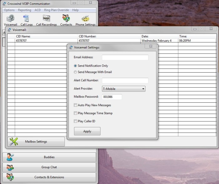 Communicator voice mail.mailbox settings window