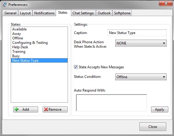 communicator Preferences . States 1 Adding new state
